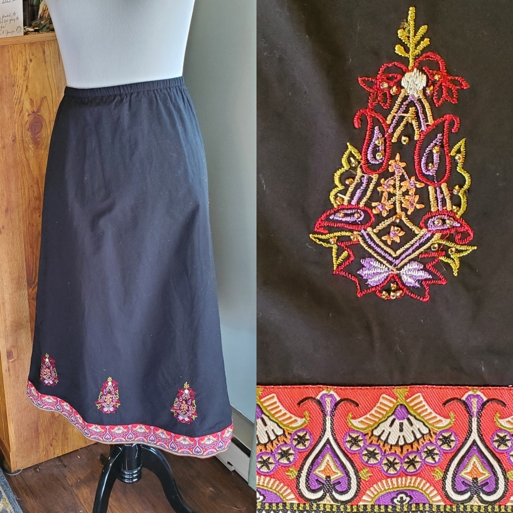 Black Beaded rayon peasant long skirt elastic  1X